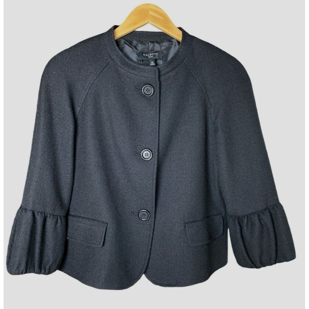 Talbots Petite Size 10P Black Wool Blend Blazer Balloon Sleeve Career Jacket